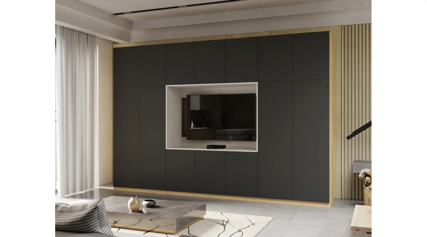 Minimalistyczna meblościanka z strefą RTV 350×240 cm Dąb Carpenter Jasny Czarny Onyx - HORIZON