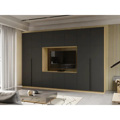 Minimalistyczna meblościanka z strefą RTV 350×240 cm Dąb Carpenter Jasny Czarny Onyx - HORIZON