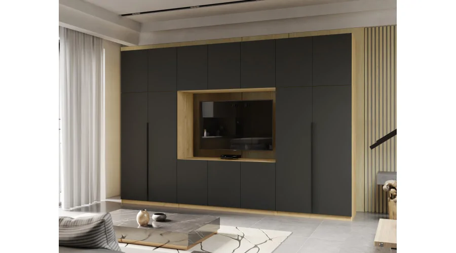 Minimalistyczna meblościanka z strefą RTV 350×240 cm Dąb Carpenter Jasny Czarny Onyx - HORIZON