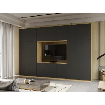 Minimalistyczna meblościanka z strefą RTV 350×240 cm Dąb Carpenter Jasny Czarny Onyx - HORIZON