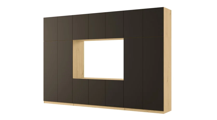 Minimalistyczna meblościanka z strefą RTV 350×240 cm Dąb Carpenter Jasny Czarny Onyx - HORIZON