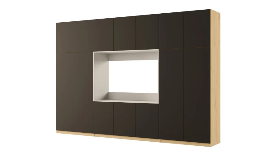 Minimalistyczna meblościanka z strefą RTV 350×240 cm Dąb Carpenter Jasny Czarny Onyx - HORIZON