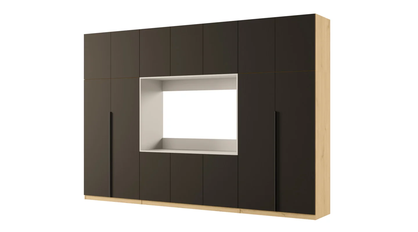 Minimalistyczna meblościanka z strefą RTV 350×240 cm Dąb Carpenter Jasny Czarny Onyx - HORIZON