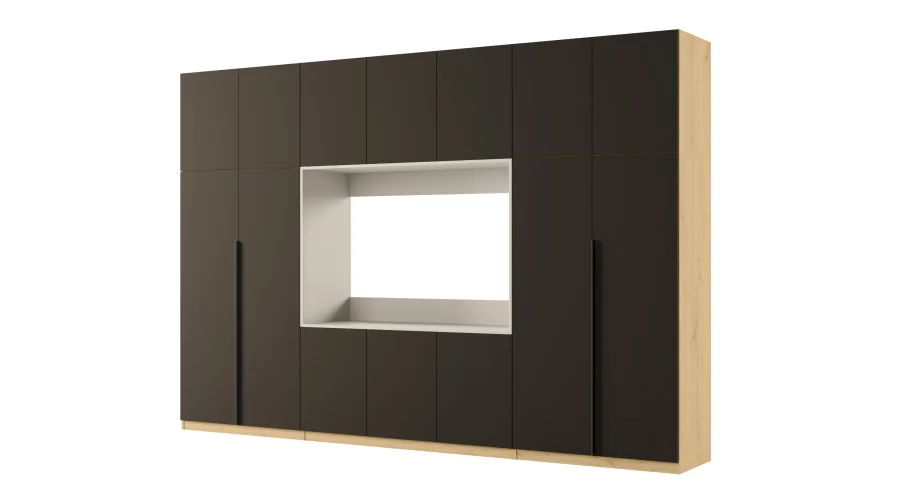 Minimalistyczna meblościanka z strefą RTV 350×240 cm Dąb Carpenter Jasny Czarny Onyx - HORIZON