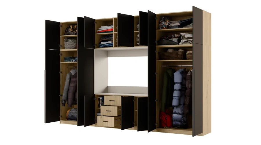 Minimalistyczna meblościanka z strefą RTV 350×240 cm Dąb Carpenter Jasny Czarny Onyx - HORIZON