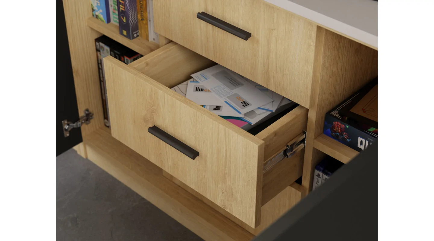 Minimalistyczna meblościanka z strefą RTV 350×240 cm Dąb Carpenter Jasny Czarny Onyx - HORIZON