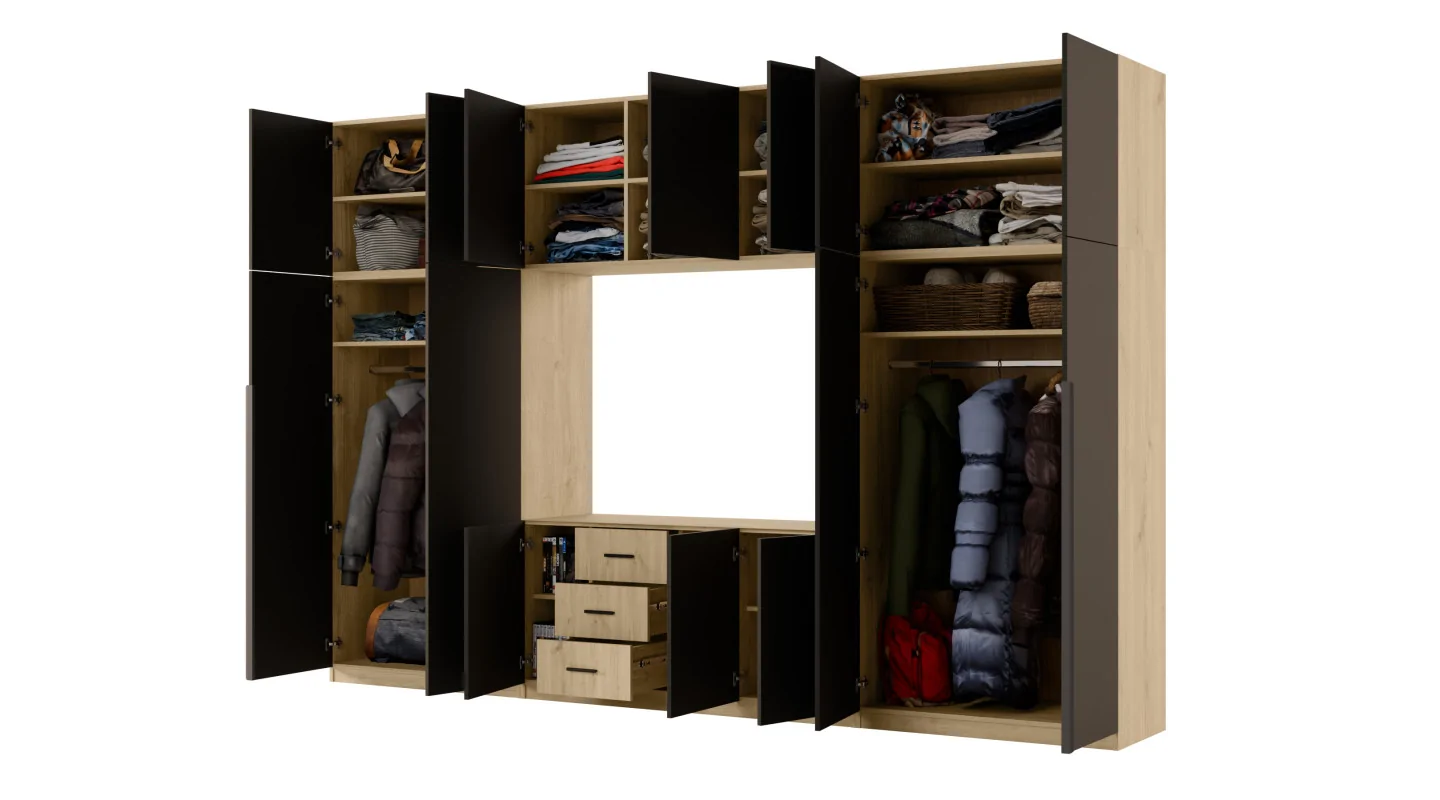 Minimalistyczna meblościanka z strefą RTV 350×240 cm Dąb Carpenter Jasny Czarny Onyx - HORIZON