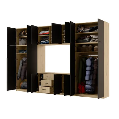 Minimalistyczna meblościanka z strefą RTV 350×240 cm Dąb Carpenter Jasny Czarny Onyx - HORIZON