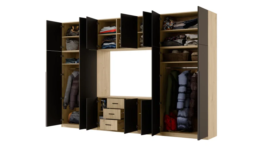 Minimalistyczna meblościanka z strefą RTV 350×240 cm Dąb Carpenter Jasny Czarny Onyx - HORIZON