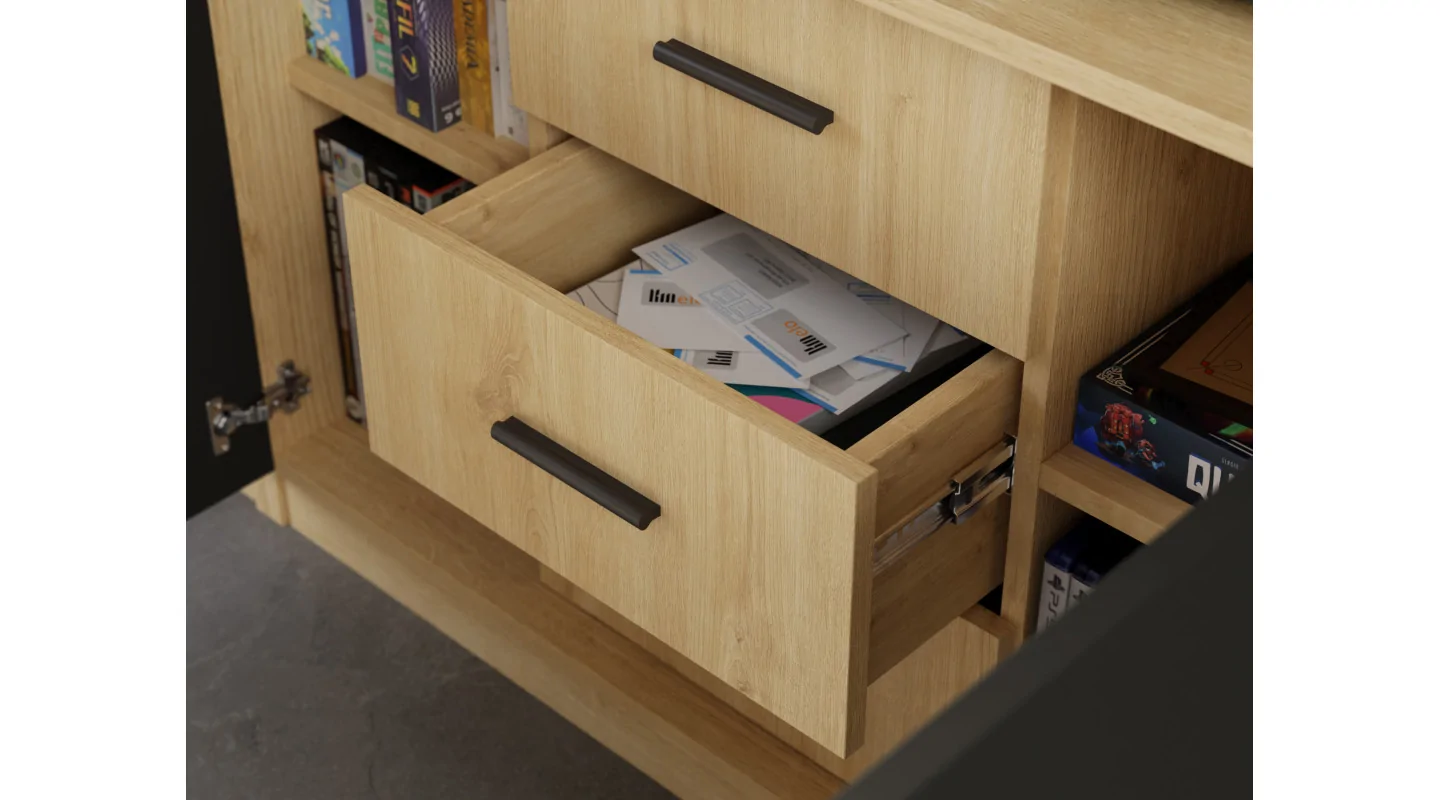 Minimalistyczna meblościanka z strefą RTV 350×240 cm Dąb Carpenter Jasny Czarny Onyx - HORIZON