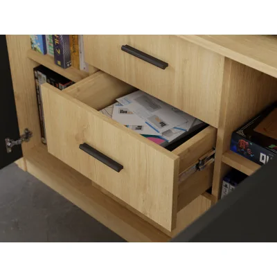 Minimalistyczna meblościanka z strefą RTV 350×240 cm Dąb Carpenter Jasny Czarny Onyx - HORIZON
