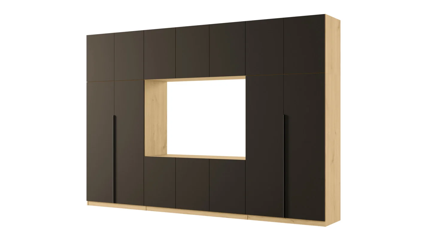 Minimalistyczna meblościanka z strefą RTV 350×240 cm Dąb Carpenter Jasny Czarny Onyx - HORIZON