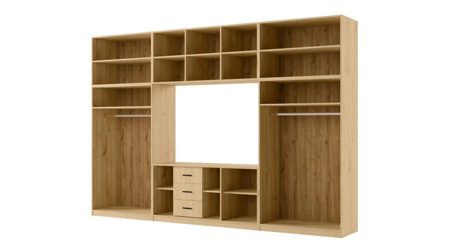 Minimalistyczna meblościanka z strefą RTV 350×240 cm Dąb Carpenter Jasny Czarny Onyx - HORIZON