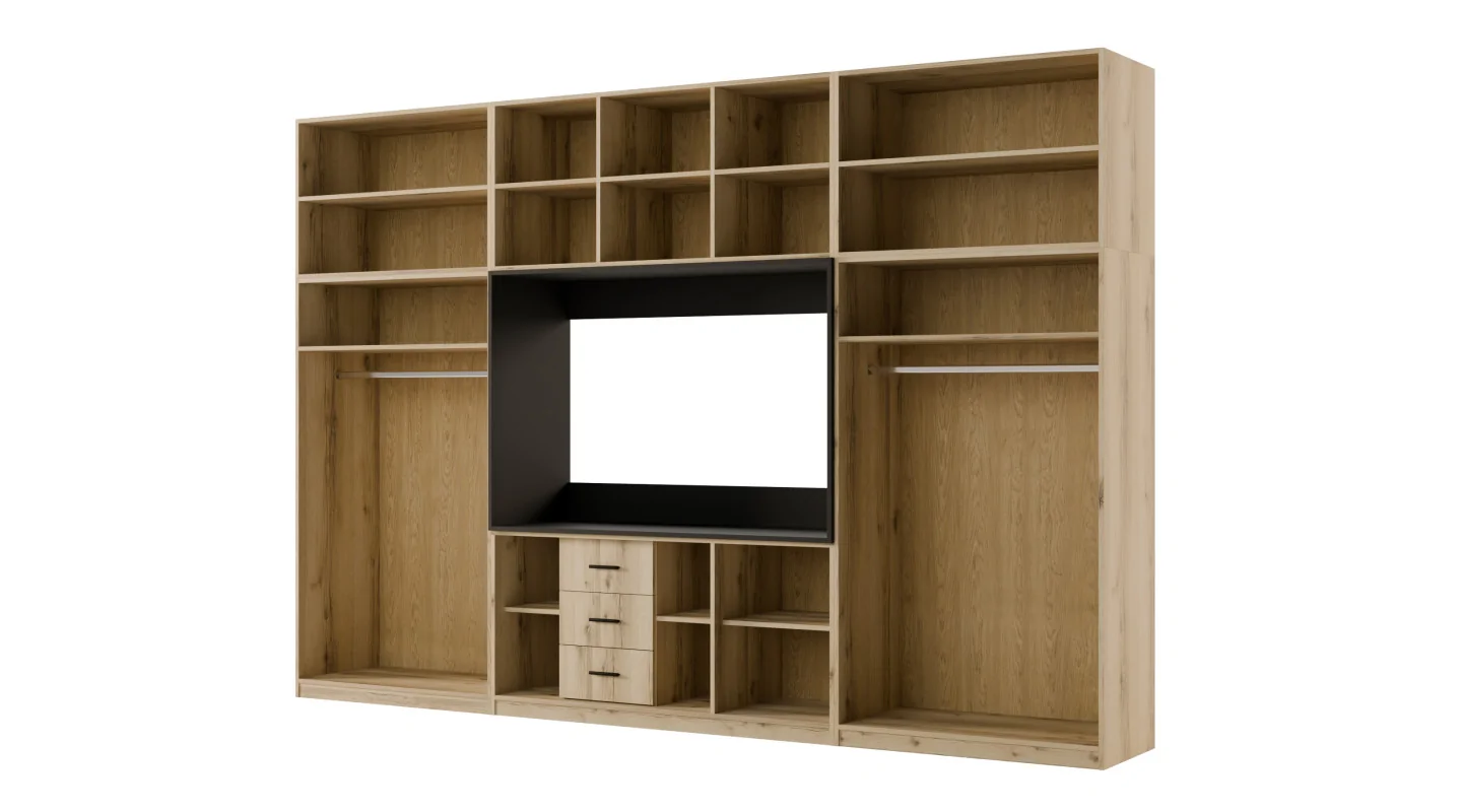 Minimalistyczna meblościanka z strefą RTV 350×240 cm Dąb Grand Kaszmirowy Beż - HORIZON