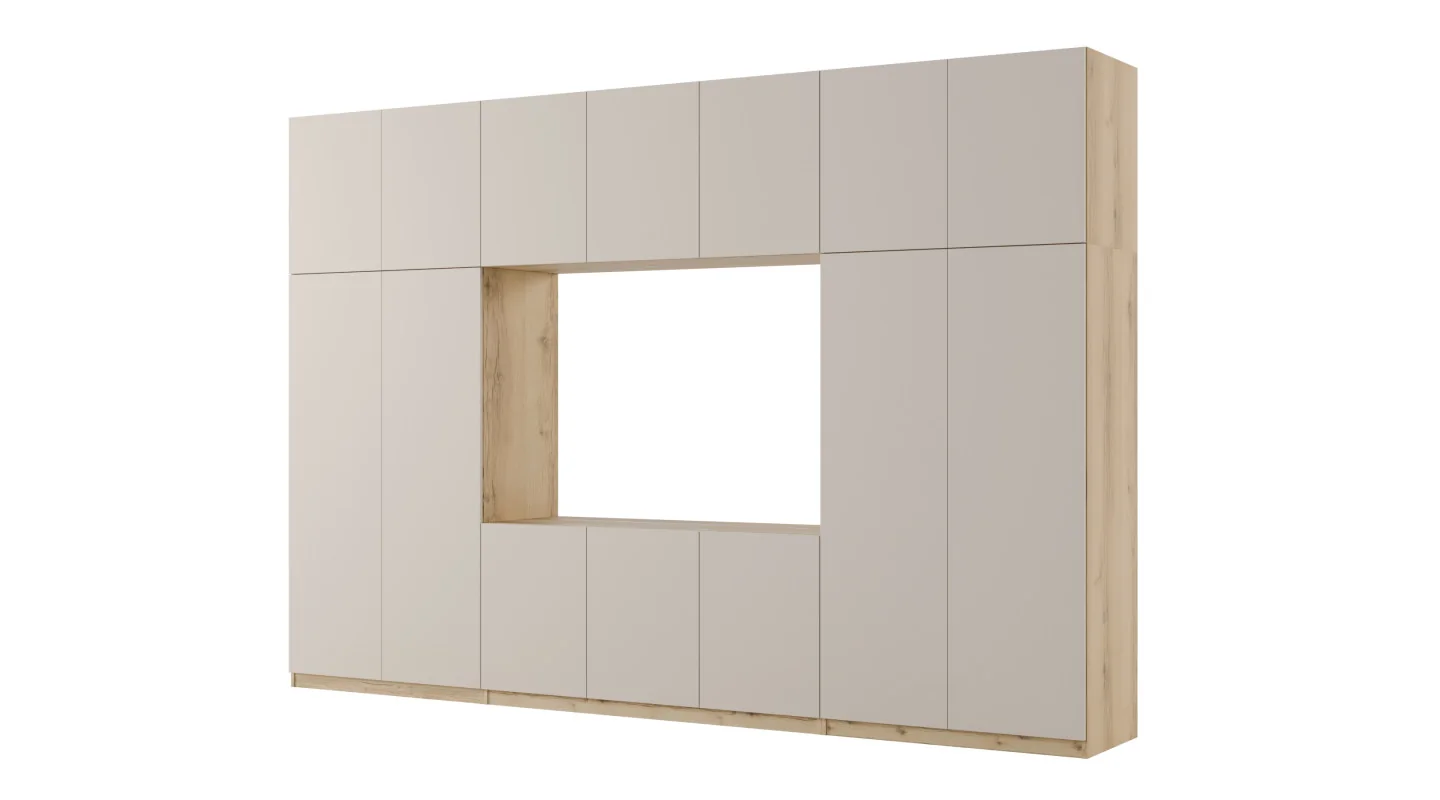 Minimalistyczna meblościanka z strefą RTV 350×240 cm Dąb Grand Kaszmirowy Beż - HORIZON