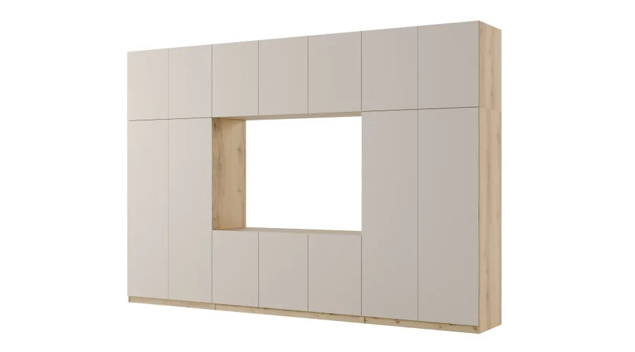 Minimalistyczna meblościanka z strefą RTV 350×240 cm Dąb Grand Kaszmirowy Beż - HORIZON