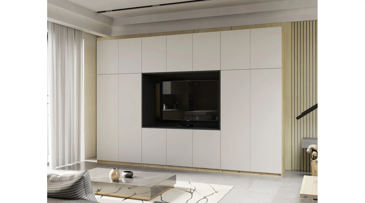 Minimalistyczna meblościanka z strefą RTV 350×240 cm Dąb Grand Kaszmirowy Beż - HORIZON