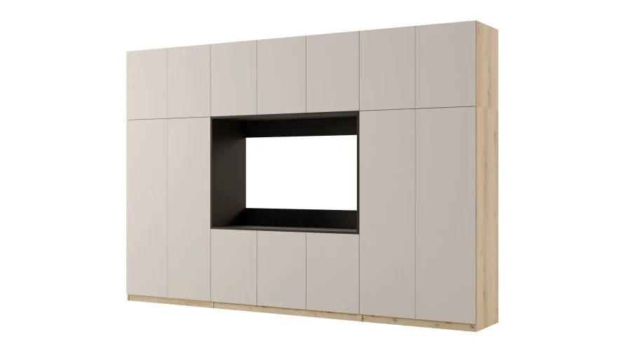 Minimalistyczna meblościanka z strefą RTV 350×240 cm Dąb Grand Kaszmirowy Beż - HORIZON