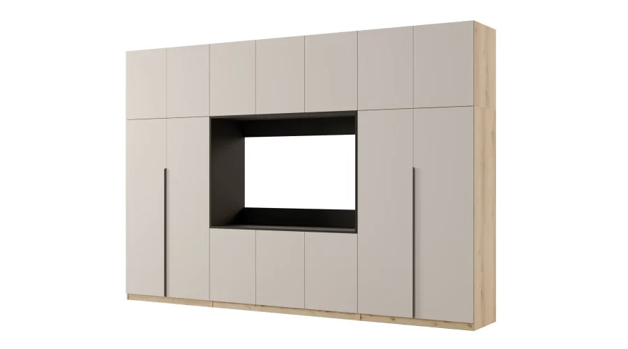 Minimalistyczna meblościanka z strefą RTV 350×240 cm Dąb Grand Kaszmirowy Beż - HORIZON