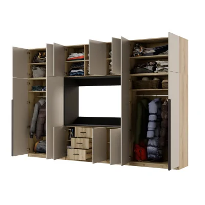 Minimalistyczna meblościanka z strefą RTV 350×240 cm Dąb Grand Kaszmirowy Beż - HORIZON