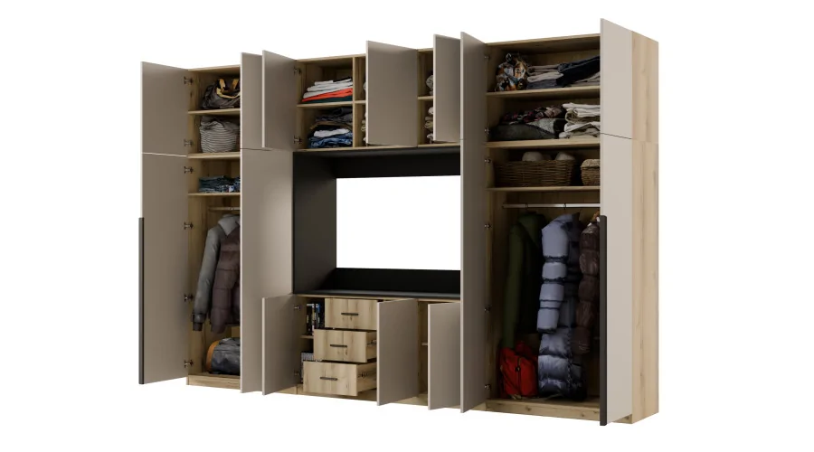 Minimalistyczna meblościanka z strefą RTV 350×240 cm Dąb Grand Kaszmirowy Beż - HORIZON