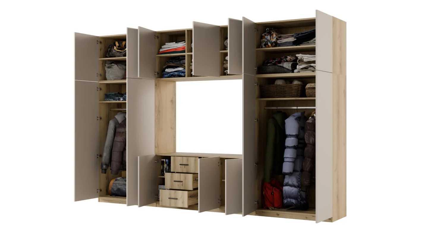 Minimalistyczna meblościanka z strefą RTV 350×240 cm Dąb Grand Kaszmirowy Beż - HORIZON