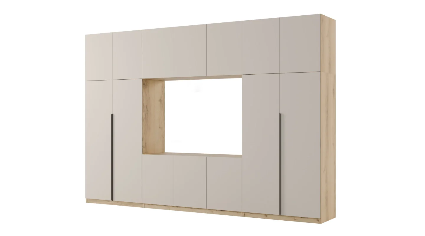 Minimalistyczna meblościanka z strefą RTV 350×240 cm Dąb Grand Kaszmirowy Beż - HORIZON