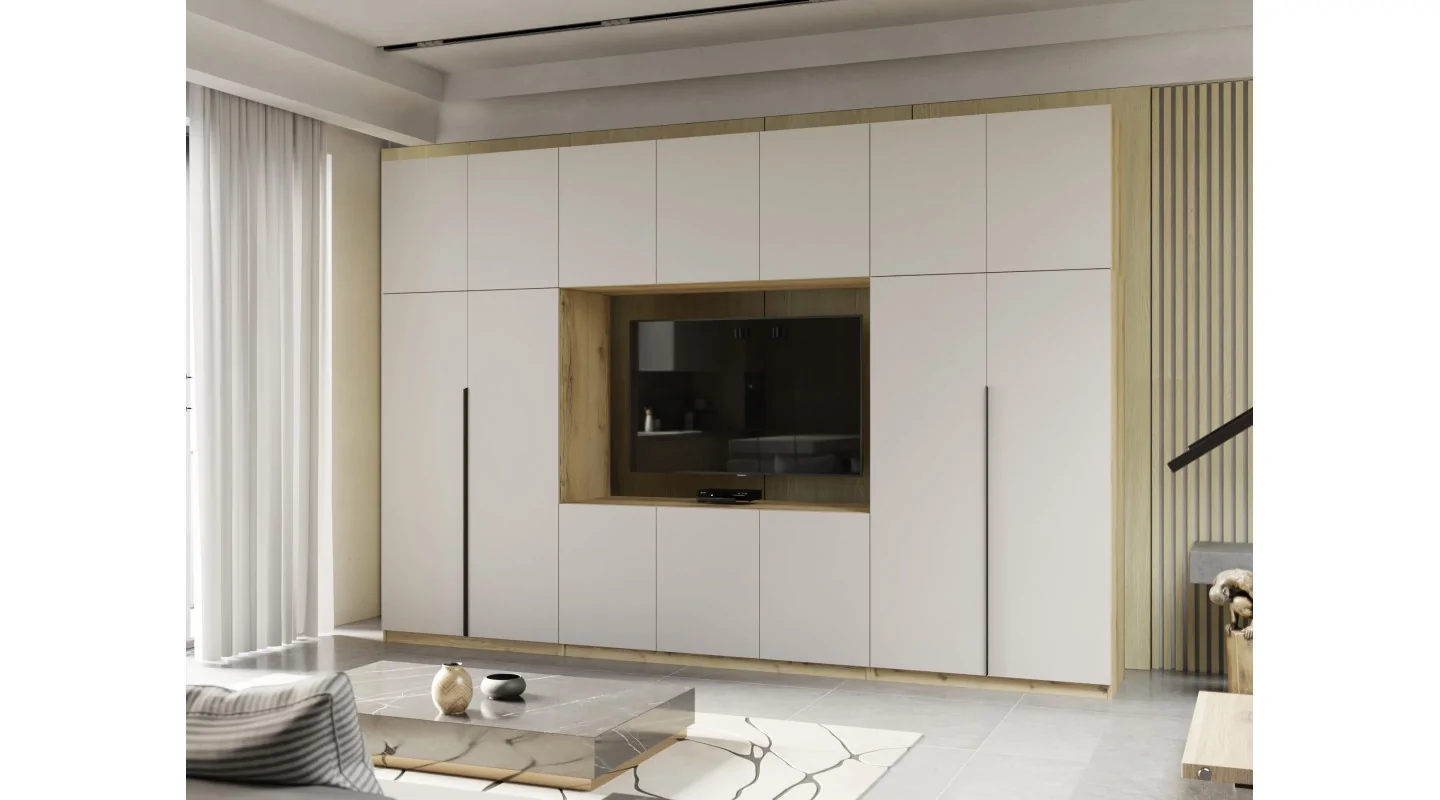 Minimalistyczna meblościanka z strefą RTV 350×240 cm Dąb Grand Kaszmirowy Beż - HORIZON