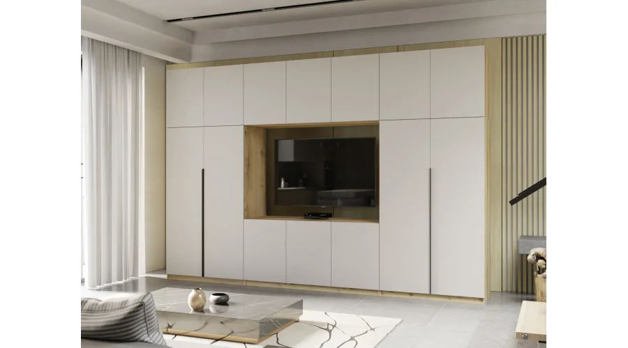 Minimalistyczna meblościanka z strefą RTV 350×240 cm Dąb Grand Kaszmirowy Beż - HORIZON
