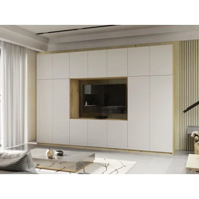 Minimalistyczna meblościanka z strefą RTV 350×240 cm Dąb Grand Kaszmirowy Beż - HORIZON