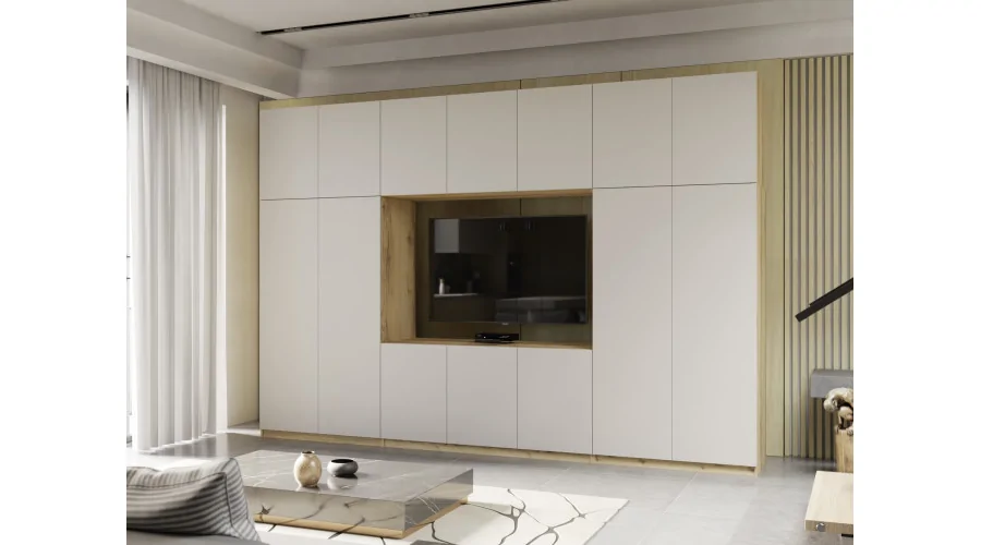 Minimalistyczna meblościanka z strefą RTV 350×240 cm Dąb Grand Kaszmirowy Beż - HORIZON