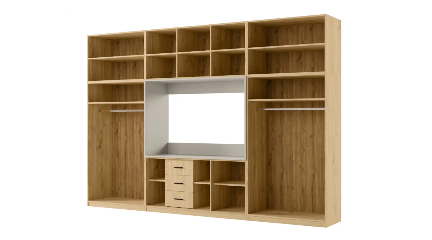 Minimalistyczna meblościanka z strefą RTV 350×240 cm Dąb Carpenter Jasny Czarny Onyx - HORIZON