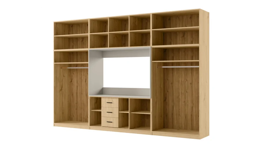 Minimalistyczna meblościanka z strefą RTV 350×240 cm Dąb Carpenter Jasny Czarny Onyx - HORIZON