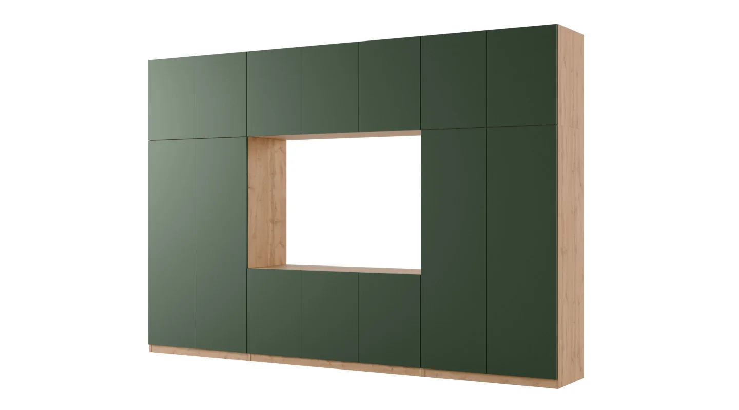 Minimalistyczna meblościanka z strefą RTV 350×240 cm Dąb Wotan Zieleń Butelkowa - HORIZON