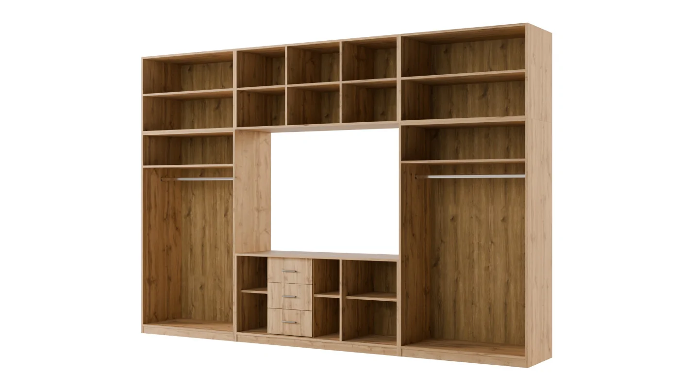 Minimalistyczna meblościanka z strefą RTV 350×240 cm Dąb Wotan Zieleń Butelkowa - HORIZON