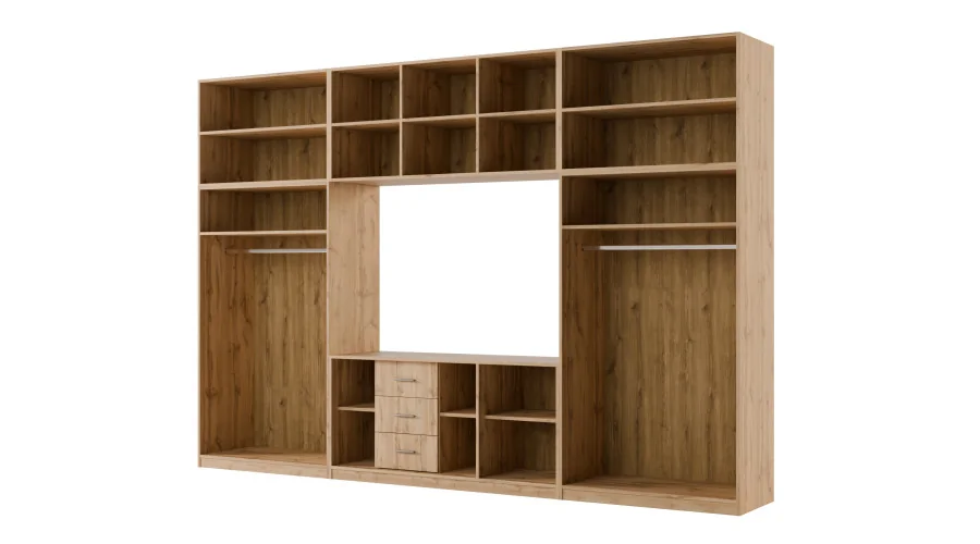 Minimalistyczna meblościanka z strefą RTV 350×240 cm Dąb Wotan Zieleń Butelkowa - HORIZON