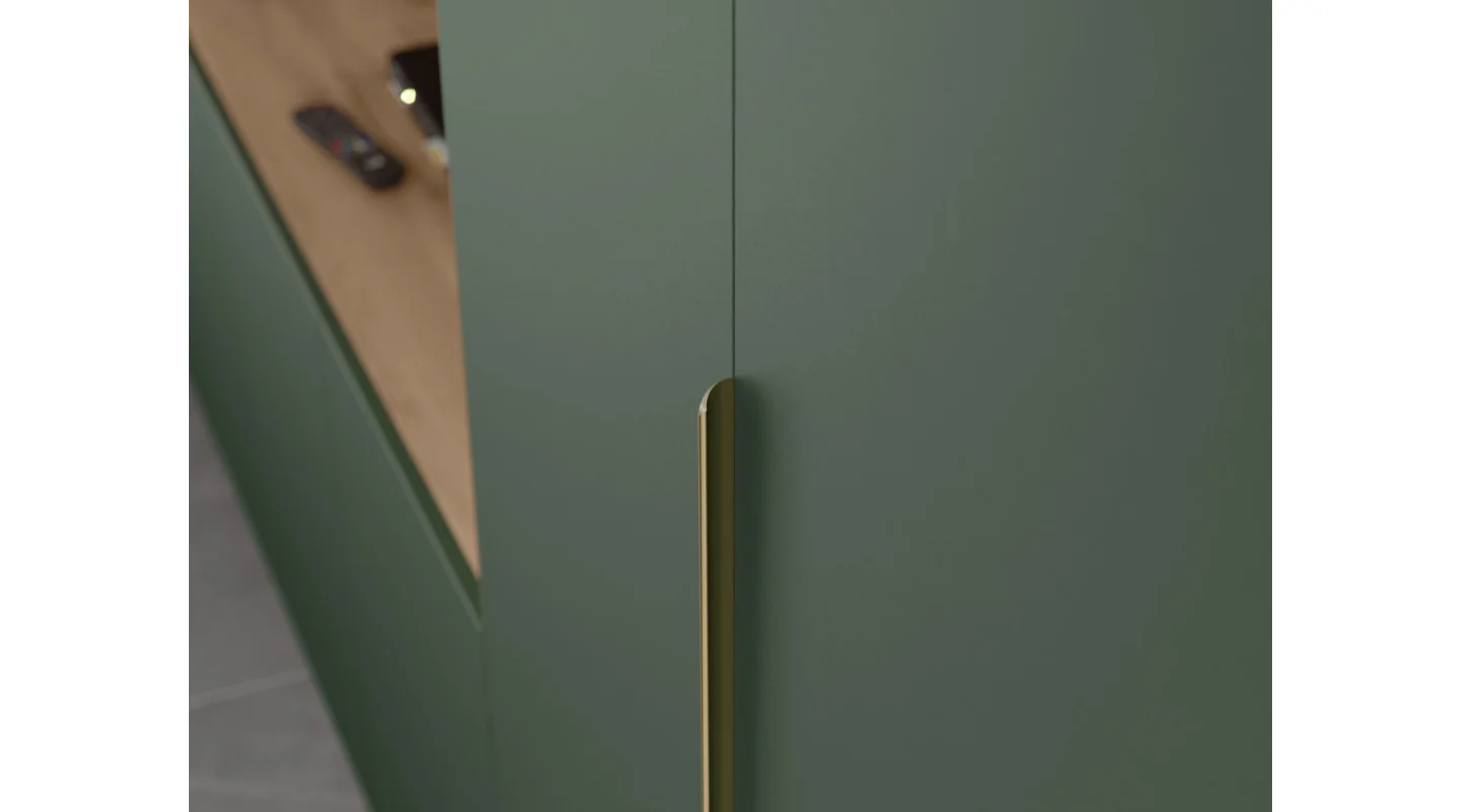 Minimalistyczna meblościanka z strefą RTV 350×240 cm Dąb Wotan Zieleń Butelkowa - HORIZON