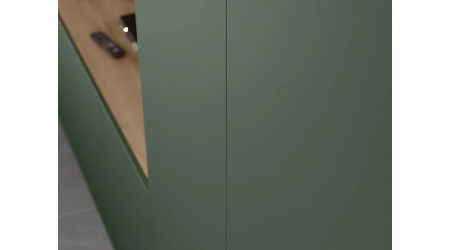 Minimalistyczna meblościanka z strefą RTV 350×240 cm Dąb Wotan Zieleń Butelkowa - HORIZON