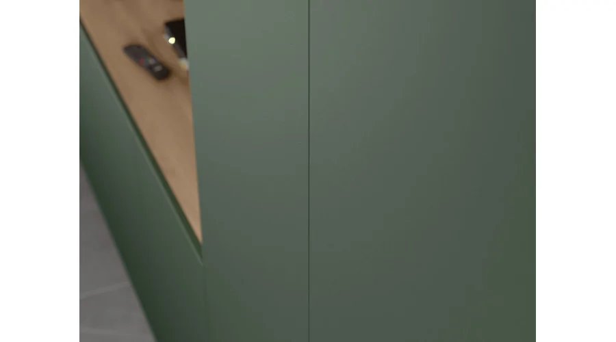 Minimalistyczna meblościanka z strefą RTV 350×240 cm Dąb Wotan Zieleń Butelkowa - HORIZON