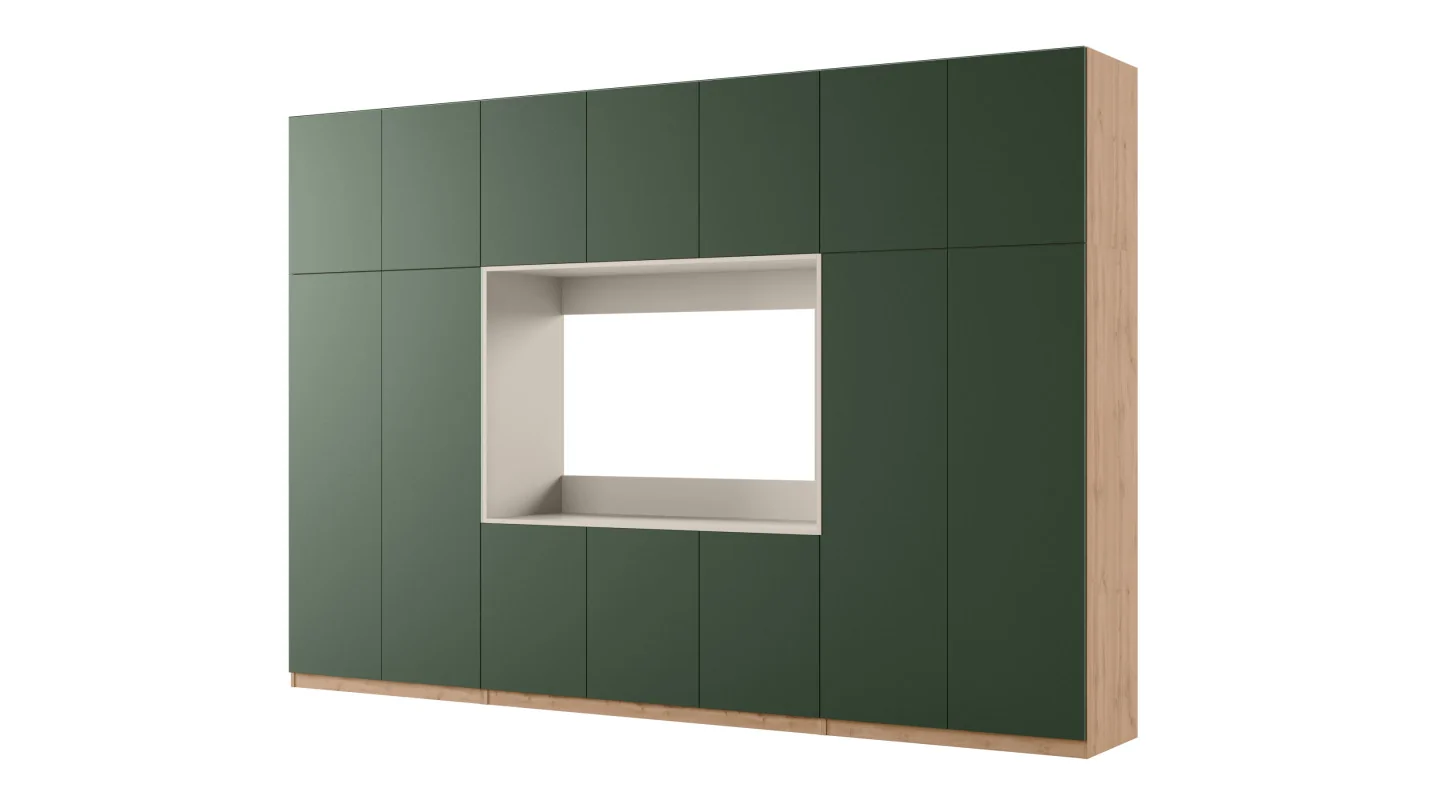 Minimalistyczna meblościanka z strefą RTV 350×240 cm Dąb Wotan Zieleń Butelkowa - HORIZON