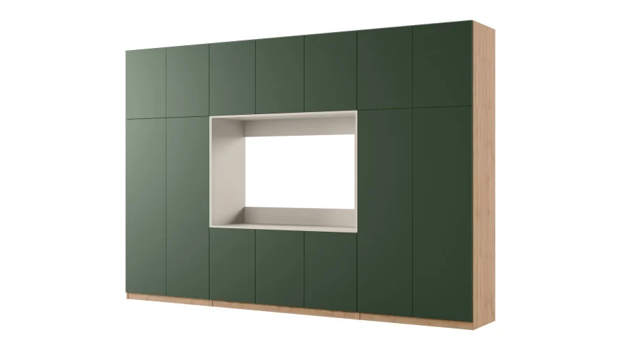 Minimalistyczna meblościanka z strefą RTV 350×240 cm Dąb Wotan Zieleń Butelkowa - HORIZON
