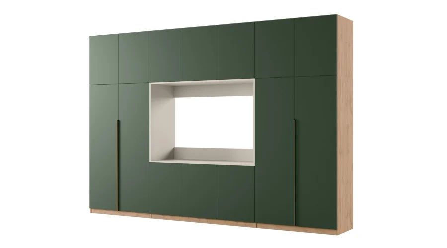 Minimalistyczna meblościanka z strefą RTV 350×240 cm Dąb Wotan Zieleń Butelkowa - HORIZON