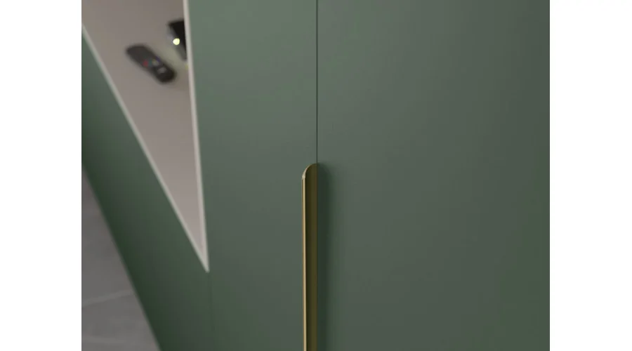 Minimalistyczna meblościanka z strefą RTV 350×240 cm Dąb Wotan Zieleń Butelkowa - HORIZON