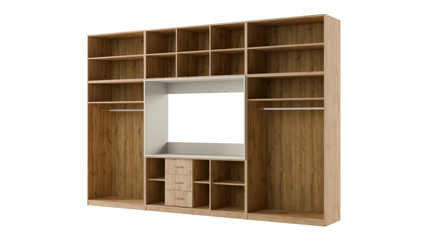 Minimalistyczna meblościanka z strefą RTV 350×240 cm Dąb Wotan Zieleń Butelkowa - HORIZON