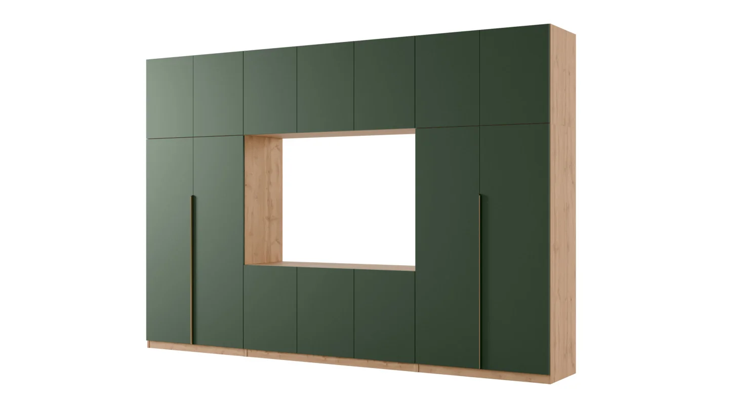 Minimalistyczna meblościanka z strefą RTV 350×240 cm Dąb Wotan Zieleń Butelkowa - HORIZON