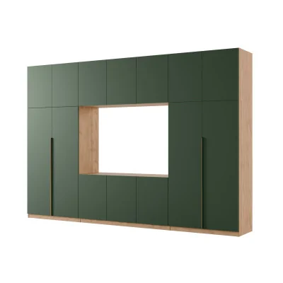 Minimalistyczna meblościanka z strefą RTV 350×240 cm Dąb Wotan Zieleń Butelkowa - HORIZON