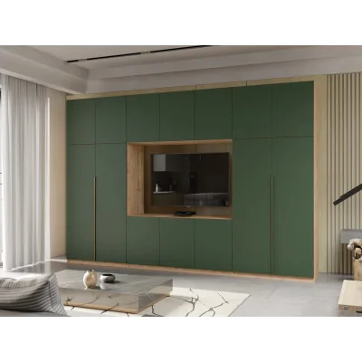 Minimalistyczna meblościanka z strefą RTV 350×240 cm Dąb Wotan Zieleń Butelkowa - HORIZON