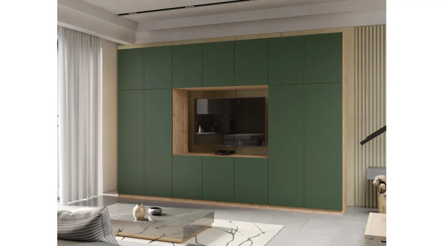 Minimalistyczna meblościanka z strefą RTV 350×240 cm Dąb Wotan Zieleń Butelkowa - HORIZON