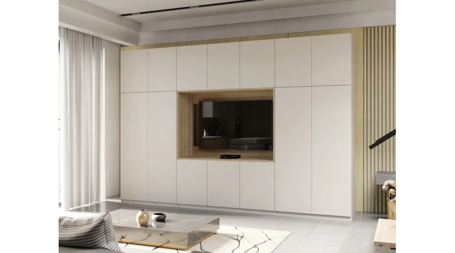 Minimalistyczna meblościanka z strefą RTV 350×240 cm Kaszmirowy Beż - HORIZON