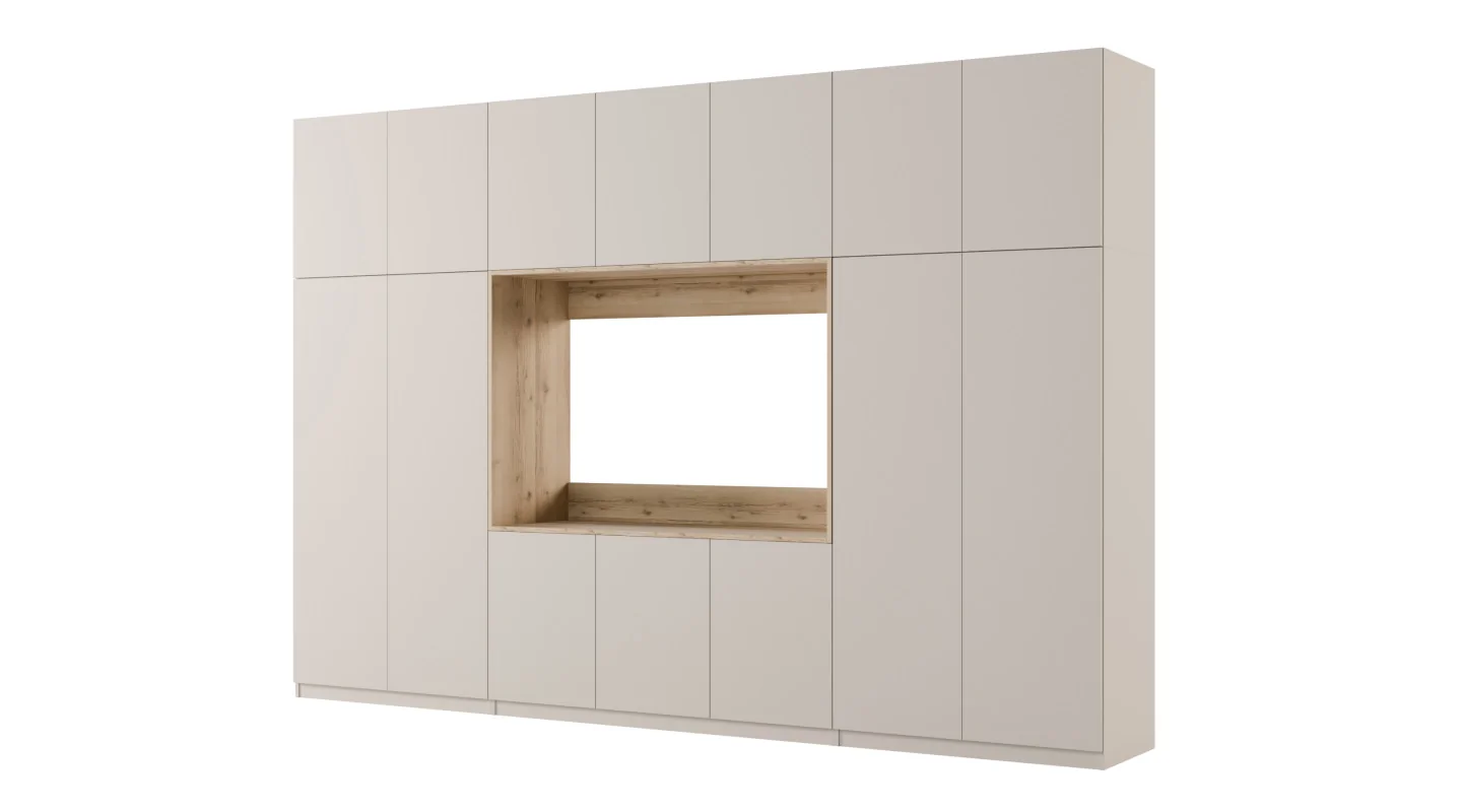 Minimalistyczna meblościanka z strefą RTV 350×240 cm Kaszmirowy Beż - HORIZON